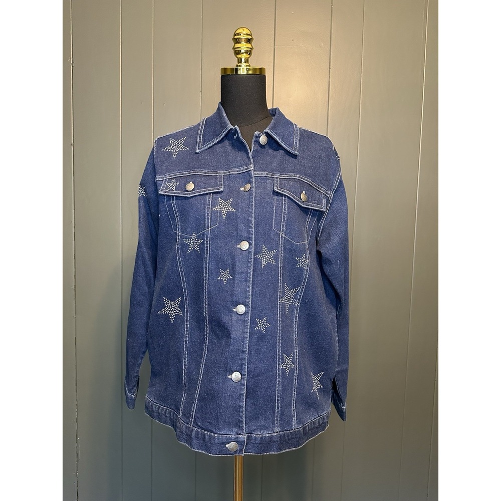 The Quacker Factory Denim Jean Jacket Star Embellishment Rhinestones S Small